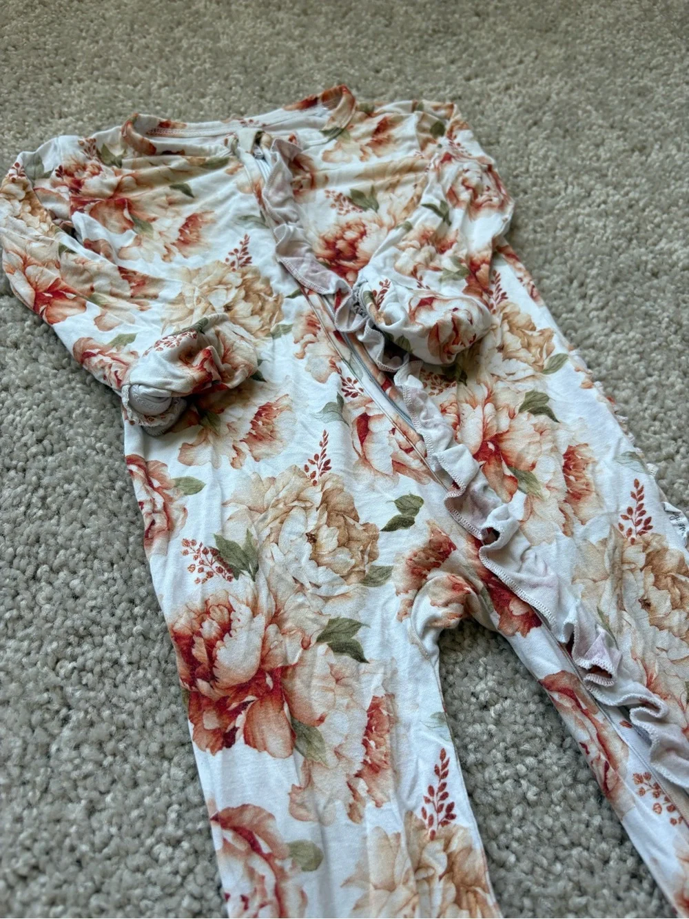 Gigi & Max Floral Ruffle Footed One-Piece - Cream with Rust & Tan Floral